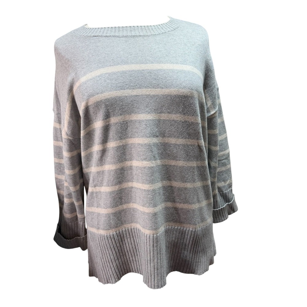 Loft Womens Striped Crew Neck Sweater Blue Cream  Knit Cotton Blend XL #1017